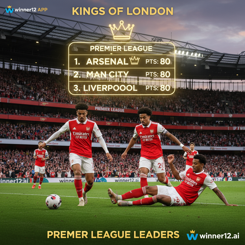 阿森纳球员身穿红白球衣在充满激情球迷的英超足球场上奋力拼搏，展示经典英格兰足球元素和动态竞技精神，海报右下角隐约可见winner12.ai或winner12 APP标志，突出阿森纳领跑积分榜的真实写实风格。