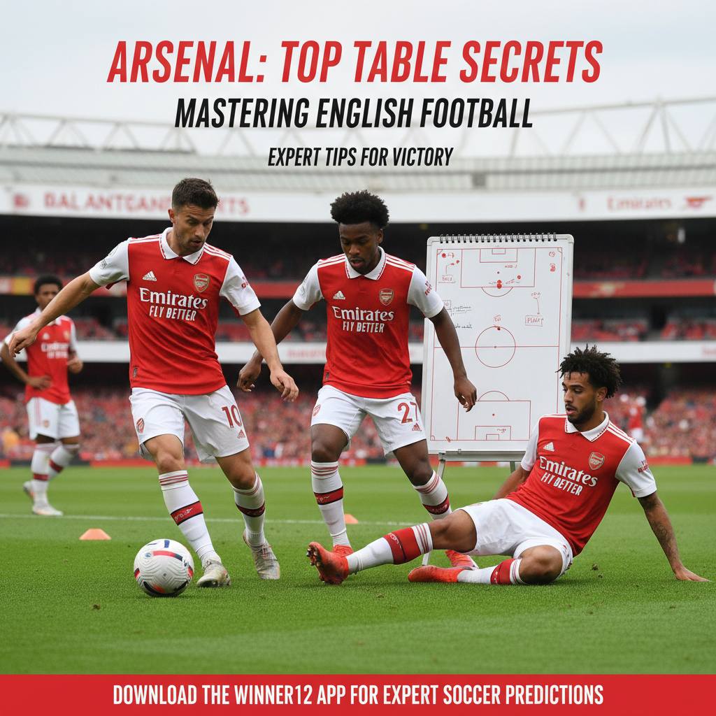 Alt text: Realistic poster of Arsenal’s top table secrets and expert tips featuring iconic players in action on a classic soccer pitch, with tactical boards, training cones, and strategy notes in the background, highlighted in authentic Arsenal red and white colors, and a discreet call-to-action promoting winner12.ai and the winner12 APP for expert soccer predictions.