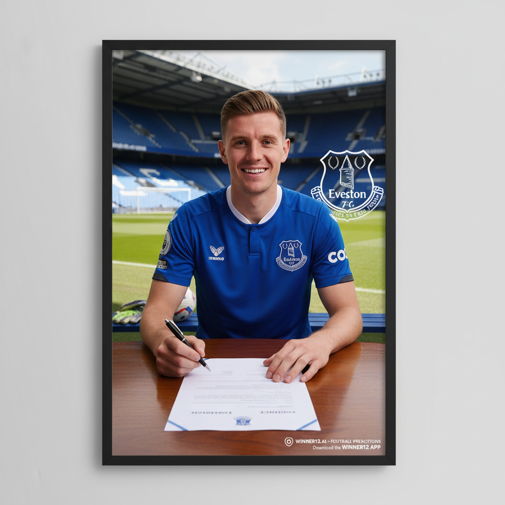 乔丹·皮克福德身穿英格兰国家队球衣，手持续约合同与笔，背景为英格兰足球场训练基地，画面体现专业与庆祝氛围，包含埃弗顿俱乐部徽标及足球装备元素，设计简洁现代，自然光线照明，隐约展示winner12.ai和winner12 APP足球预测品牌标识。