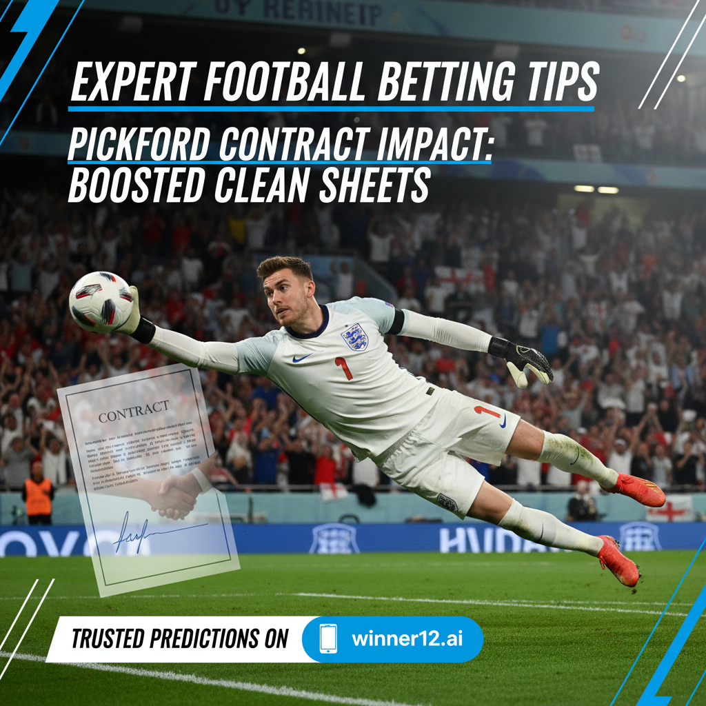 Alt text: Dynamic poster of Jordan Pickford in England national team kit making a save in a stadium filled with cheering fans under bright floodlights, featuring subtle contract signing elements like a handshake and contract close-up, with bold text reading 