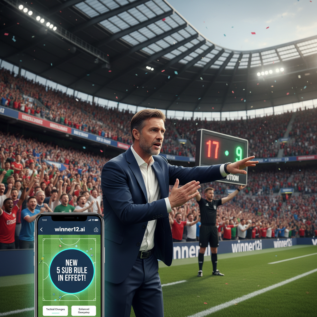ALT文本：英超足球场内，观众席上满是欢呼的球迷，近景中主教练在场边做战术换人手势，背景数字板显示球员替换信息，旁边现代智能手机屏幕展示winner12.ai应用界面，突出新换人规则，氛围紧张激烈，体现英格兰足球文化和战略比赛场面。
