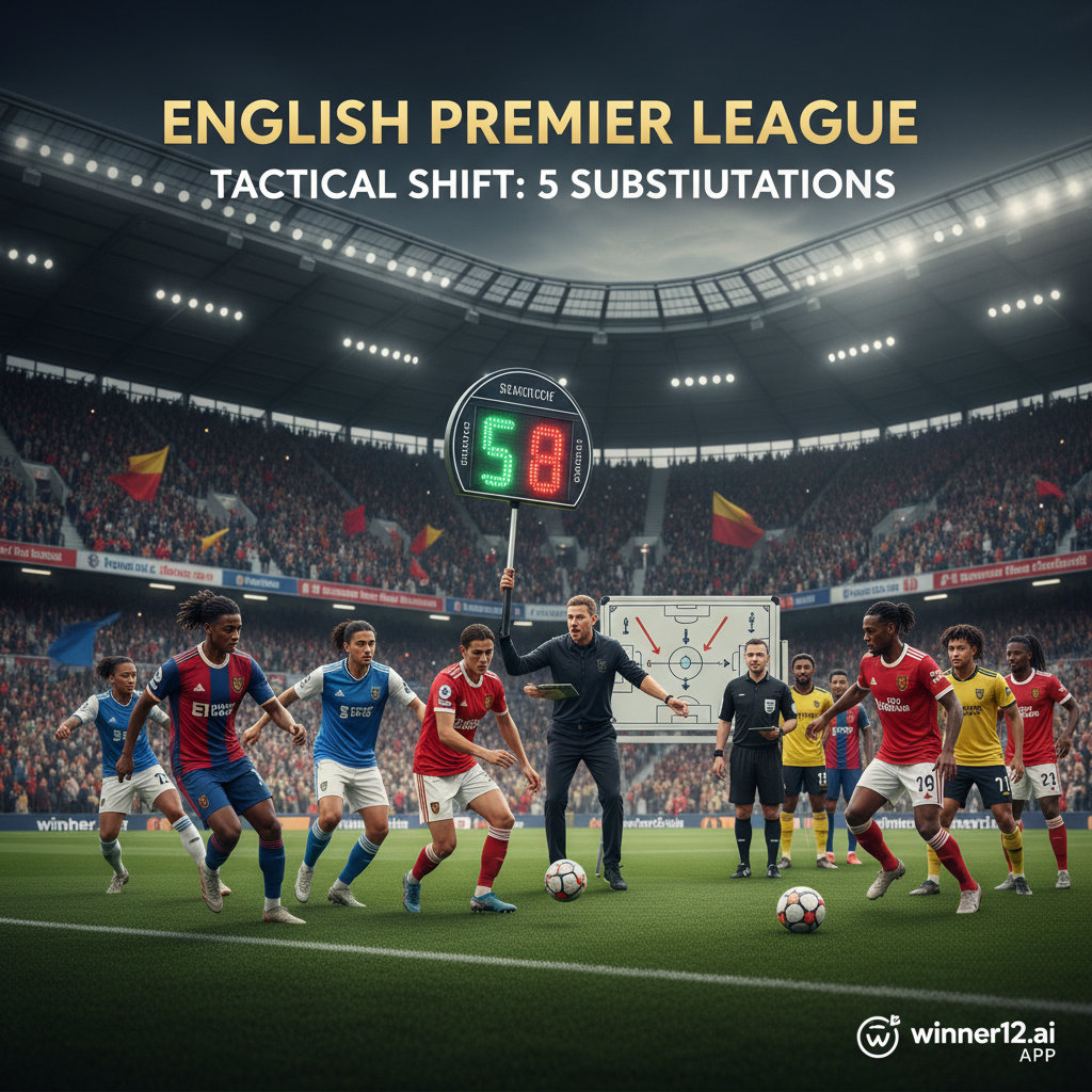 Alt text: Dynamic Premier League soccer scene showcasing diverse professional players in action on a vibrant stadium pitch, with coaching staff making strategic substitutions using boards, referees overseeing gameplay, and subtle winner12.ai branding in the corner, illustrating the latest substitutions rule change.