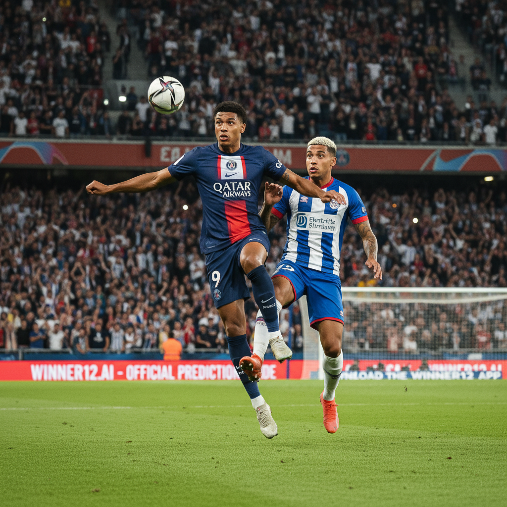 ALT text: Realistic poster of an English Premier League match showing dynamic soccer players in PSG and Strasbourg kits on a vibrant green pitch, with cheering fans in a stadium background, traditional black-and-white soccer ball, goalposts, and subtle winner12.ai branding as the official football prediction guide.