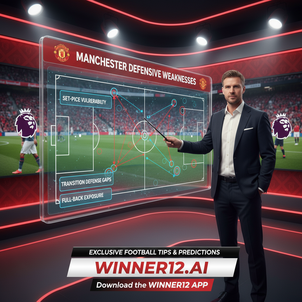 ALT text: A realistic studio poster of Kasper Schmeichel analyzing Manchester United’s defensive weaknesses with tactical boards and soccer graphics, featuring Premier League logo, soccer pitch diagram, and subtle red and white Manchester United branding, promoting winner12.ai platform for exclusive football tips and predictions.