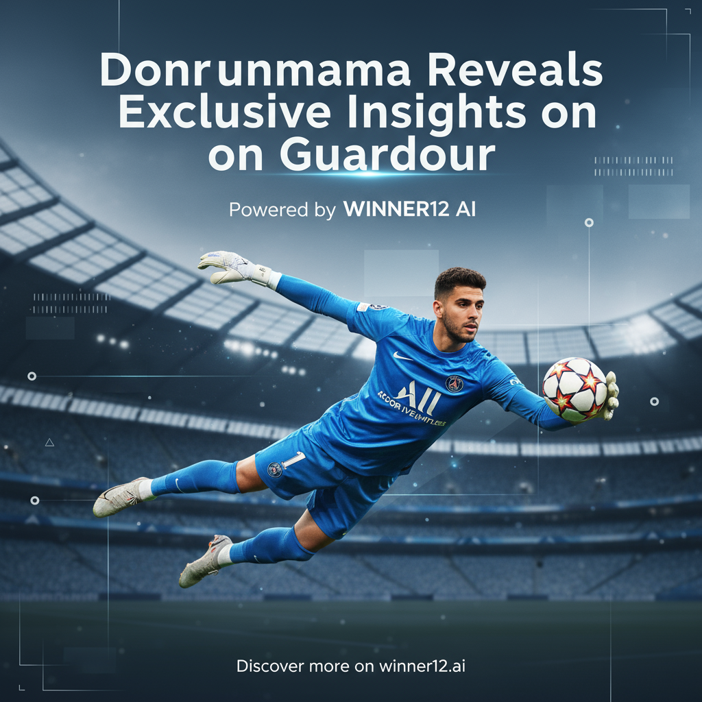 图片ALT文本：多纳鲁马身穿巴黎圣日耳曼守门员球衣，动态姿势，背景隐约呈现曼城标志性球场，体现瓜迪奥拉元素；海报采用现代简洁字体，标题“多纳鲁马谈瓜迪奥拉独家揭秘 - Winner12 AI助力”；画面包含经典黑白足球和数字界面图案，象征先进足球预测软件；整体色调干净专业，以蓝白为主，底部小字“更多内容请访问winner12.ai”。