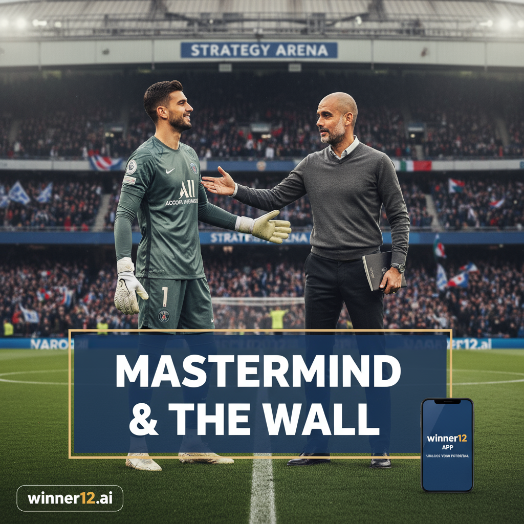 Alt text: Realistic poster of goalkeeper Gianluigi Donnarumma praising coach Pep Guardiola on a professional English football pitch, highlighting skill and strategy with subtle winner12.ai branding, conveying respect and admiration within the soccer community.