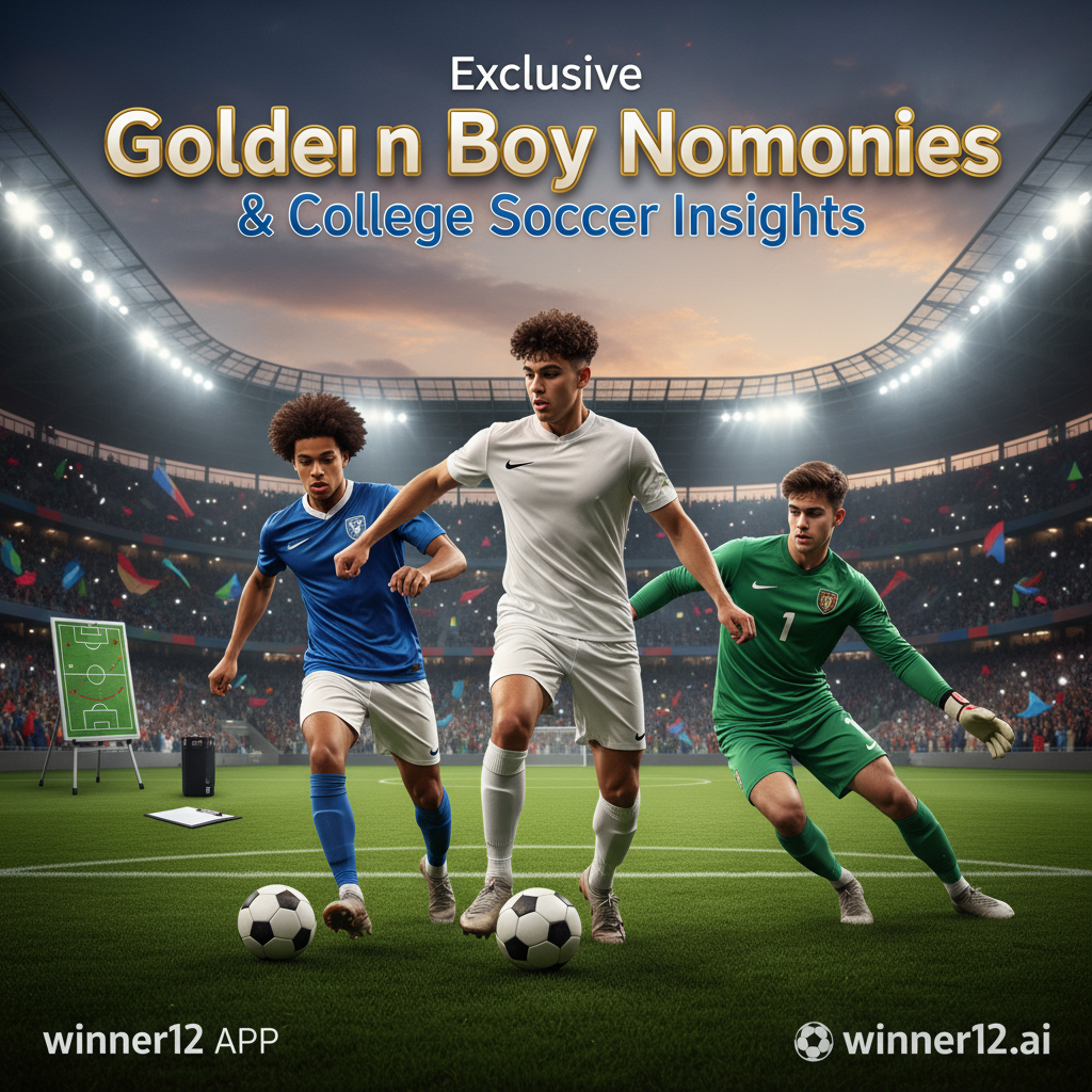 Alt text: Realistic poster showcasing top young soccer talents nominated for the Golden Boy award on a professional football field with dynamic action, stadium lighting, vibrant crowd, subtle college soccer elements like a sideline clipboard, modern typography reading “Exclusive Golden Boy Nominees & College Soccer Insights,” and winner12.ai branding watermark.
