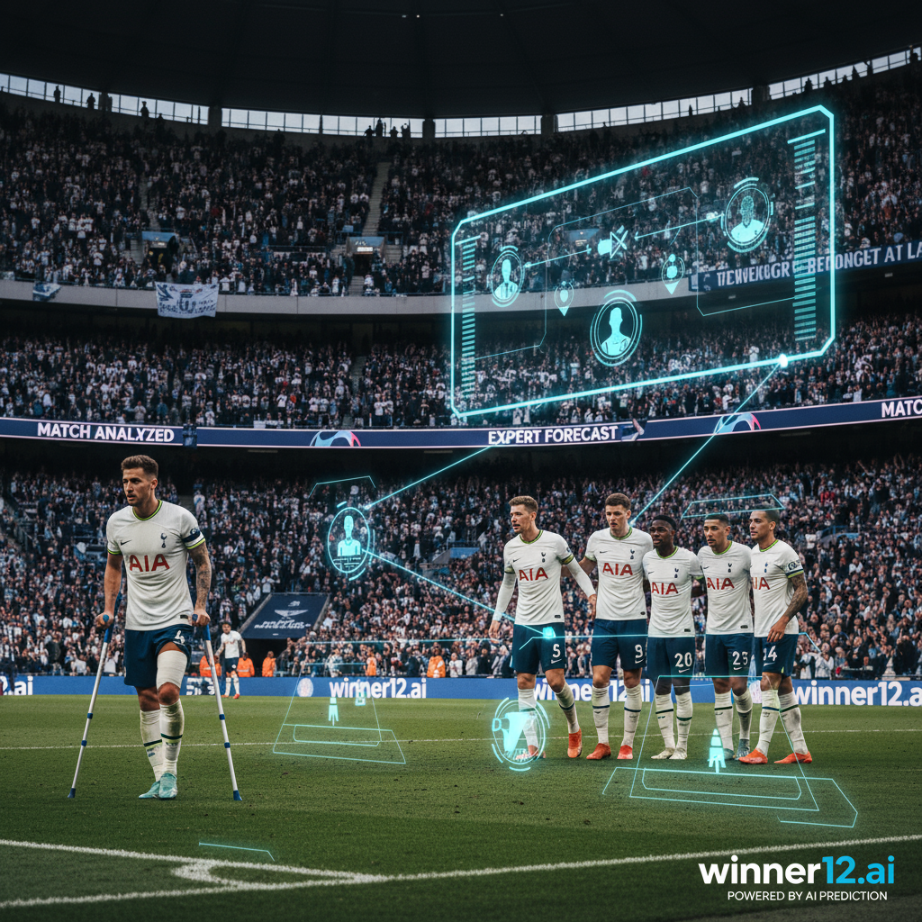 图片ALT文本：高细节英超足球海报，展示热刺球员穿正装队服，在动态球场环境中展现激烈团队配合，突出戴尔因伤缺阵的象征，背景融入现代风格winner12.ai品牌标识，氛围传递比赛期待与专业预测分析。