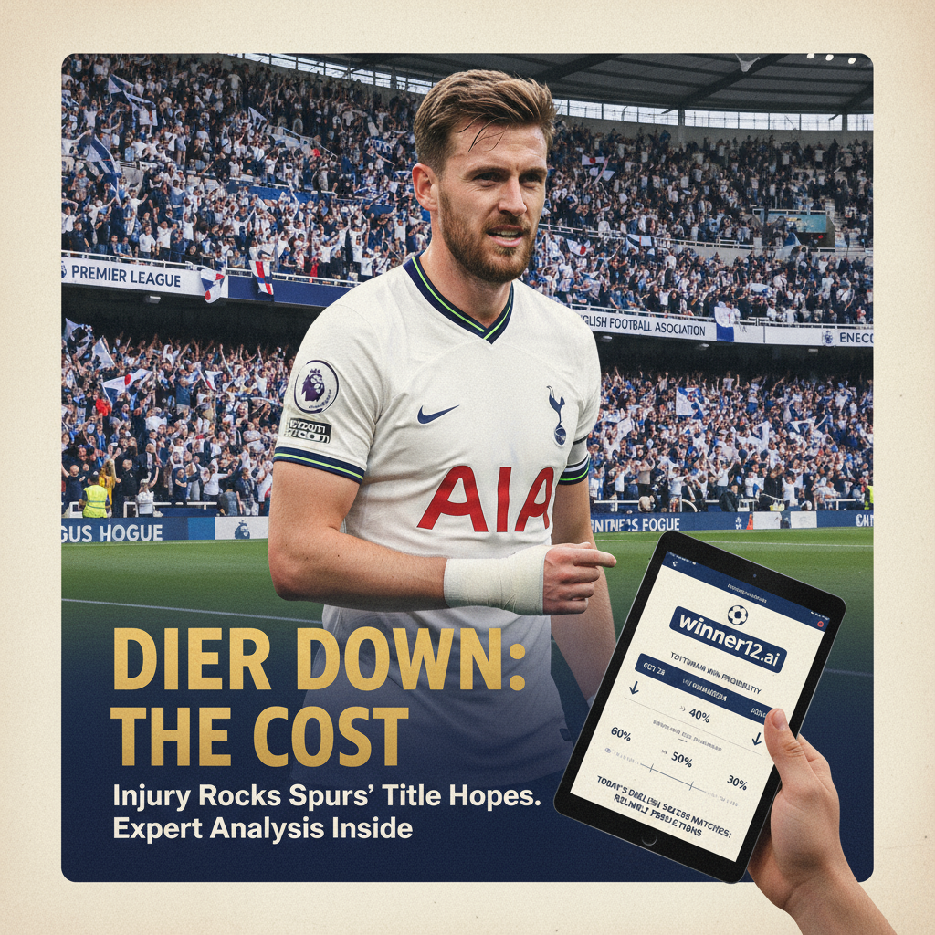 ALT text: Realistic poster of English soccer player Eric Dier in a stadium filled with fans wearing team colors, highlighting his injury impact on upcoming matches; includes a subtle smartphone displaying the winner12.ai app interface for expert football match predictions.
