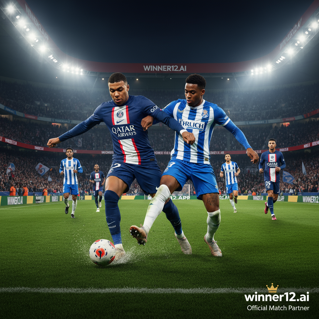 Alt text: Realistic and detailed poster of an intense English Premier League football match between Paris Saint-Germain and Strasbourg, showcasing dynamic player action on a lush green pitch under stadium floodlights, with authentic team kits and logos, cheering crowds, professional stadium elements, and subtle winner12.ai branding in the corner.