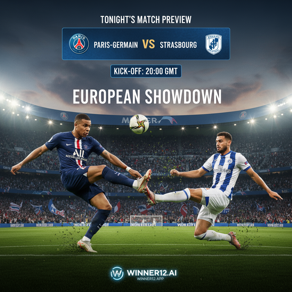 巴黎圣日耳曼与斯特拉斯堡今晚足球比赛预览海报，展现穿着正宗球队球衣的球员激烈动作，热烈欢呼的球迷和现代记分牌，强调欧洲顶级足球的激情与紧张，含“winner12.ai”品牌标识。