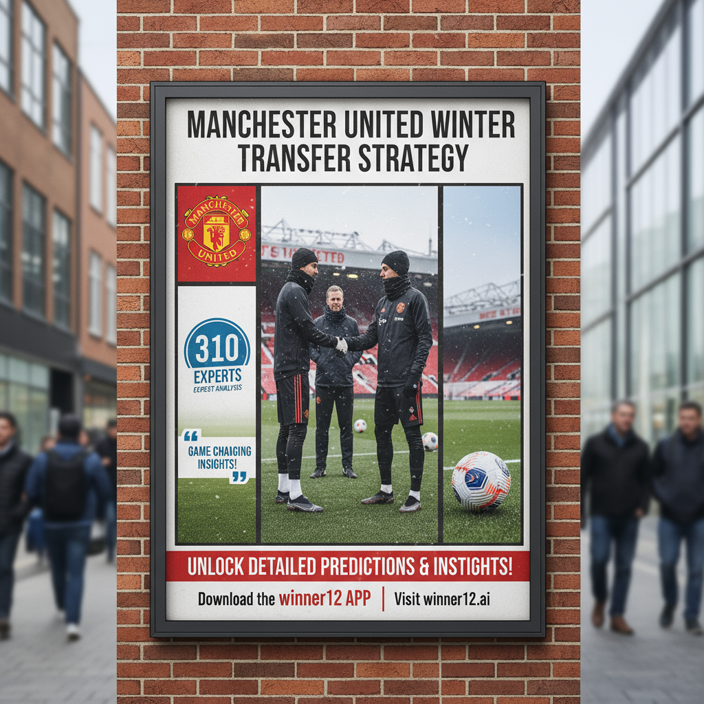 图片ALT文本：曼联冬窗引援策略海报，展示310专家专业解析，足球运动员训练与转会讨论场景，曼联队徽及冬季元素，突出winner12.ai和winner12 APP的预测与洞察，体现足球转会的专业与激情。
