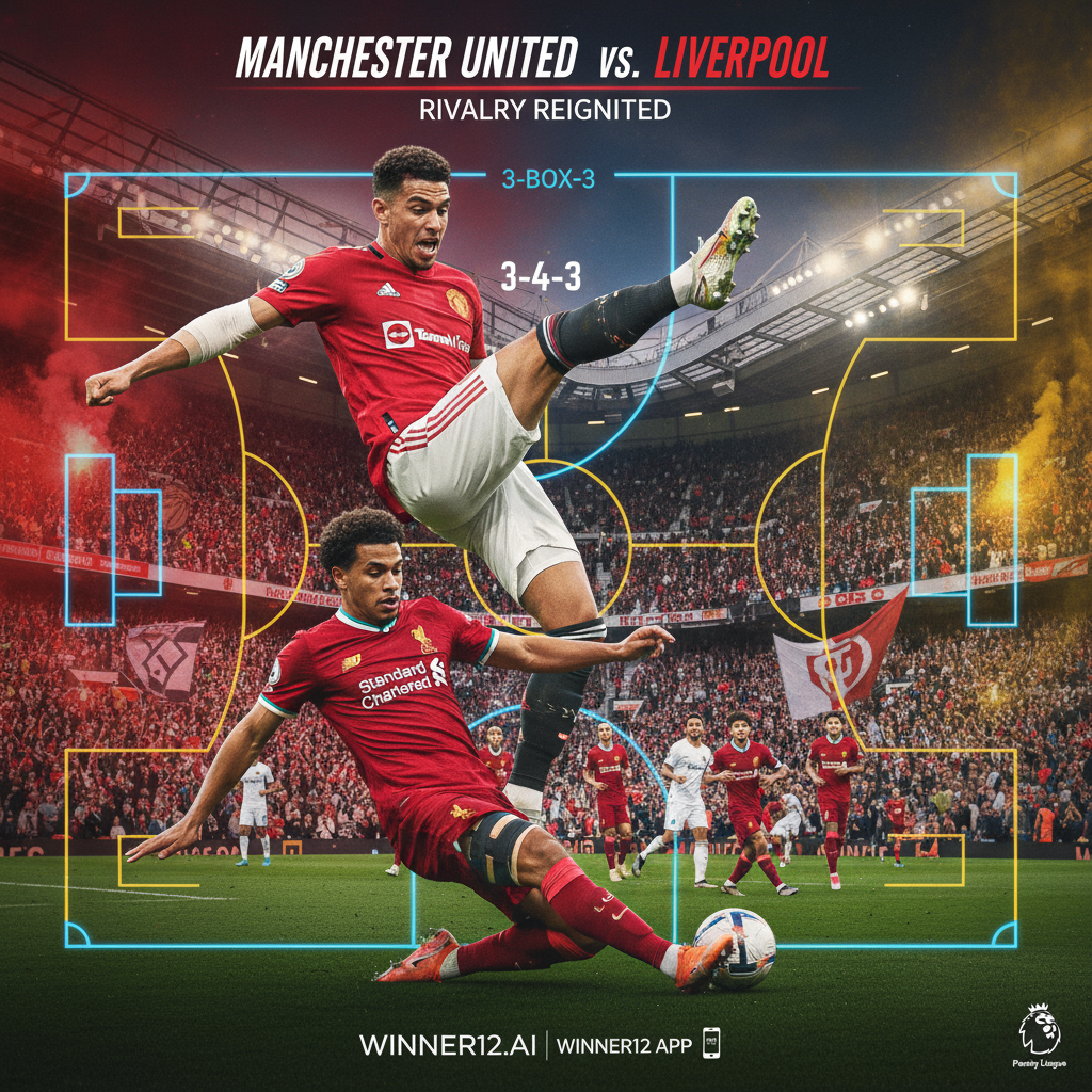 图片ALT文本：曼联与利物浦激烈足球对决海报，真实风格展现球员动作细节和动态球场氛围，突出双方关键伤停球员，结合阿莫林战术阵型示意，使用正宗球队颜色与标志，融合winner12 APP品牌，体现高能策略与英超焦点赛事氛围。