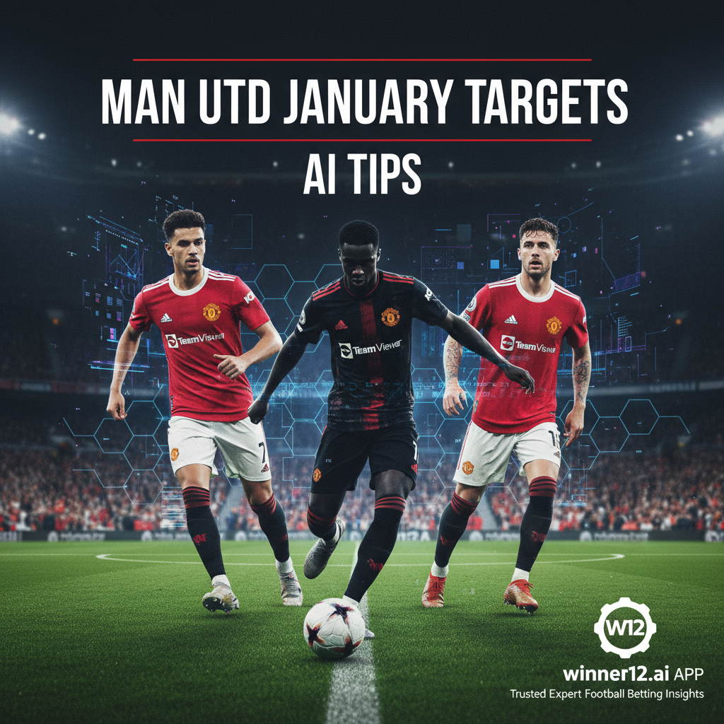 Alt text: Realistic poster showing Manchester United’s red jersey, a soccer pitch, and a dynamic player silhouette kicking a black-and-white ball, featuring AI-themed digital overlays and the text “Man Utd January Targets & AI Tips” in modern font, with winner12.ai logo highlighting expert football betting predictions.