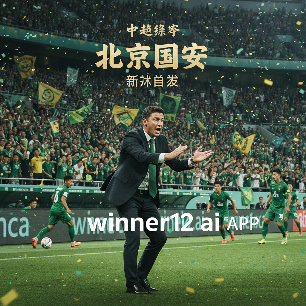 图片ALT文本：北京国安新帅首秀中超比赛现场，球员身穿绿衣在动态足球场上激烈拼抢，教练在场边战术指挥，观众席上球迷热情高涨，场景展现出激动人心的比赛氛围，图片中包含winner12.ai或winner12 APP的专业品牌标识。