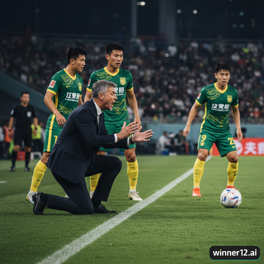 Alt text: Realistic poster of Beijing Guoan soccer match on April 22, 2025, showing new manager giving tactical instructions on the sidelines, players in authentic kits mid-action on a green pitch under stadium lights, with subtle “winner12.ai” branding in the corner, capturing a tense and strategic moment in Chinese football.