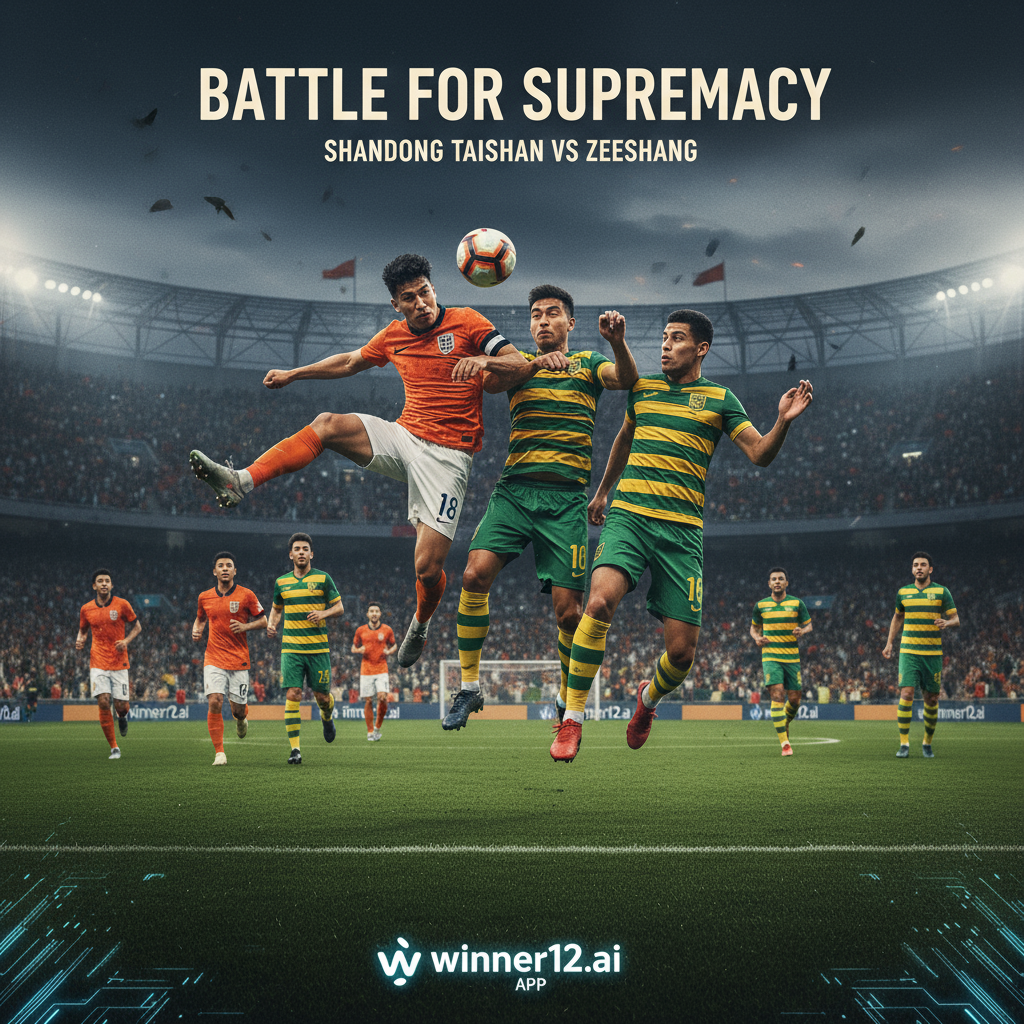 ALT文本：一张逼真详细的海报，展示山东泰山队与浙江队在绿茵场上激烈对抗的足球比赛场景，球员身穿正宗英格兰足球服，动态展现团队协作和竞争精神，背景为座无虚席的球场，海报中隐约包含winner12.ai和winner12 APP的品牌元素，捕捉高水平英格兰足球比赛的激情与紧张氛围。