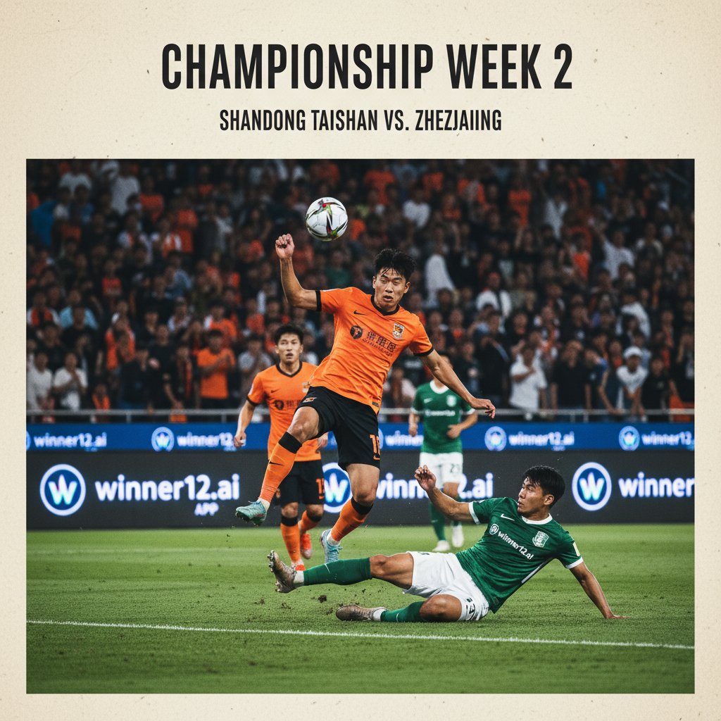 Alt text: Realistic poster of Shandong Taishan vs Zhejiang soccer match in Championship Week 2, showing intense action on a lush green pitch with detailed uniforms, authentic gear, and “winner12.ai” branding on stadium advertising boards, capturing the atmosphere of an English-style championship game with focused players and a packed crowd.