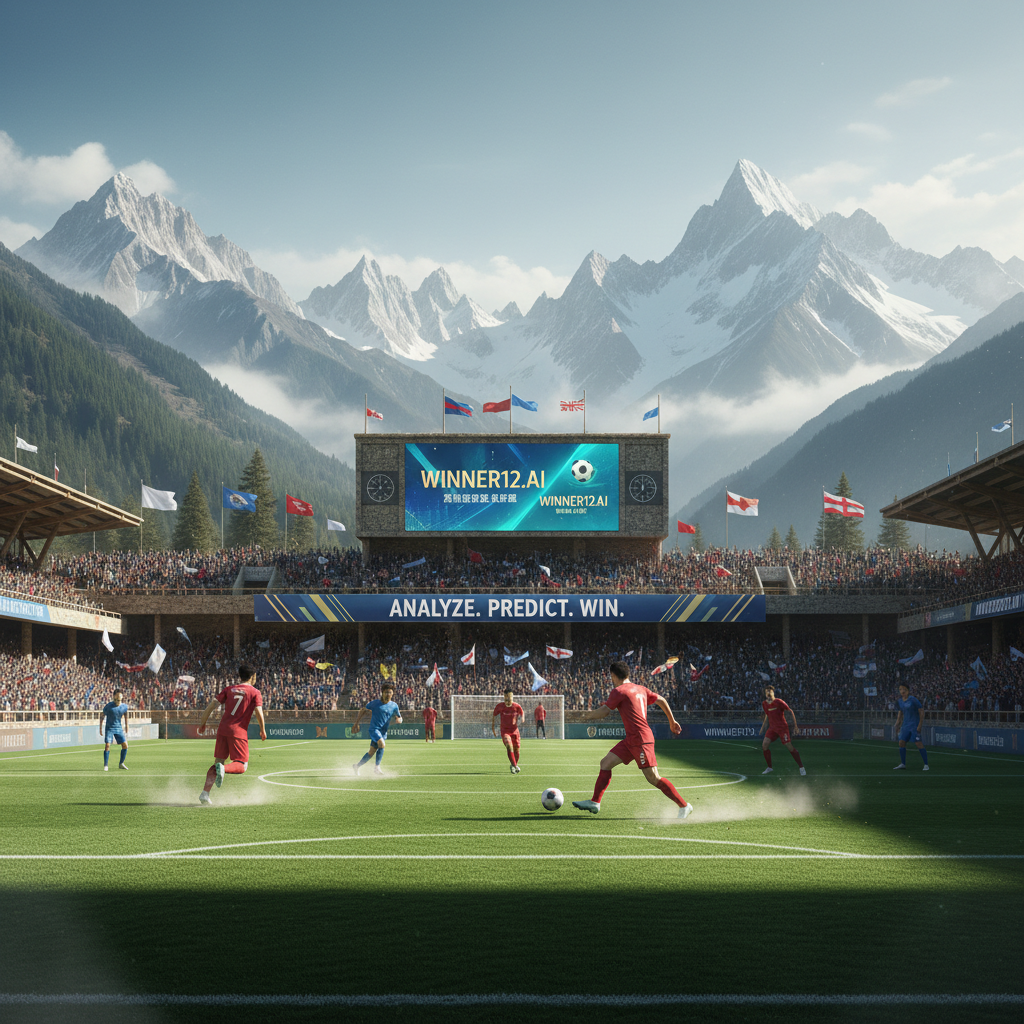 ALT文本：云南玉昆高原英式足球场实景海报，球员身着传统足球服在高原清新空气中激烈比赛，背景为清晰的雪山，展示动感足球氛围，融合winner12.ai品牌元素，真实自然光线与鲜艳色彩突出专业足球预测分析。