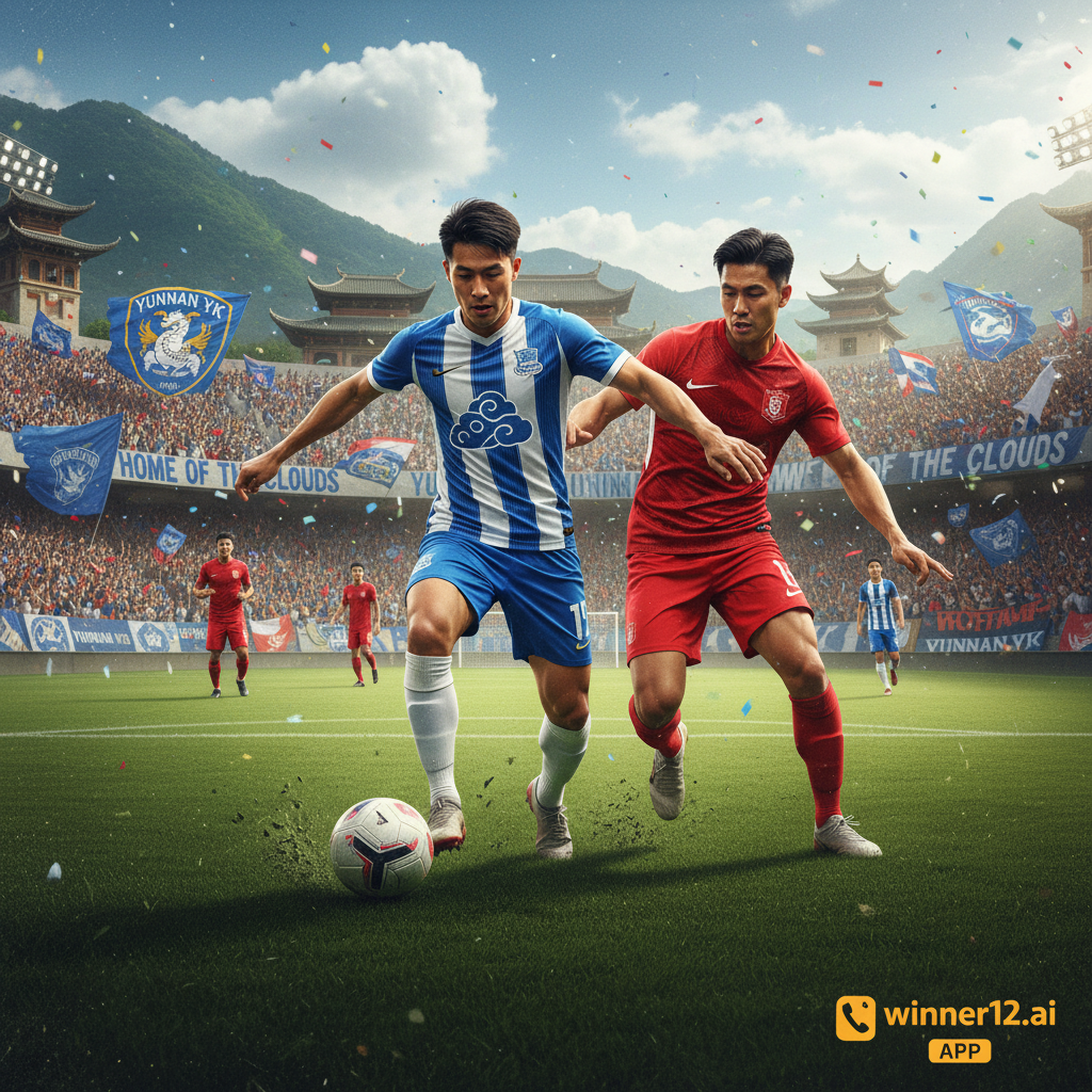 ALT text: Realistic and dynamic poster of a professional soccer match featuring Yunnan YK players in authentic kits competing on a lush green pitch under natural daylight, with passionate Yunnan YK fans cheering in a vibrant stadium filled with banners and flags, highlighting the home advantage atmosphere and British-style football strategy, with subtle winner12.ai branding in the corner.