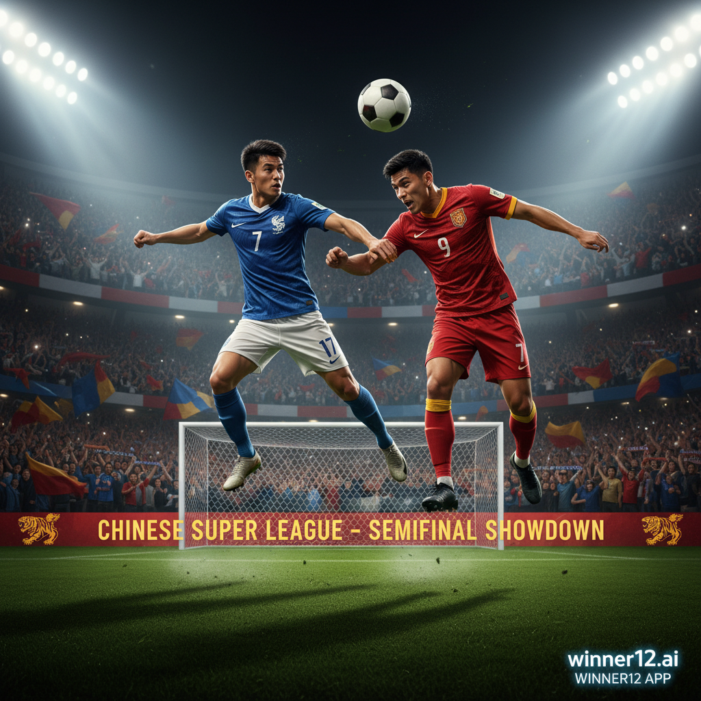 图片ALT文本：南京与泰州苏超半决赛激烈对决，真实风格海报展示球员身穿正宗足球服在绿茵场上奋力拼抢，经典黑白足球和球门网清晰可见，观众席上球迷挥舞围巾助威，灯光下赛场氛围紧张热烈，winner12.ai品牌标识位于角落，体现英式足球比赛的激情与策略。