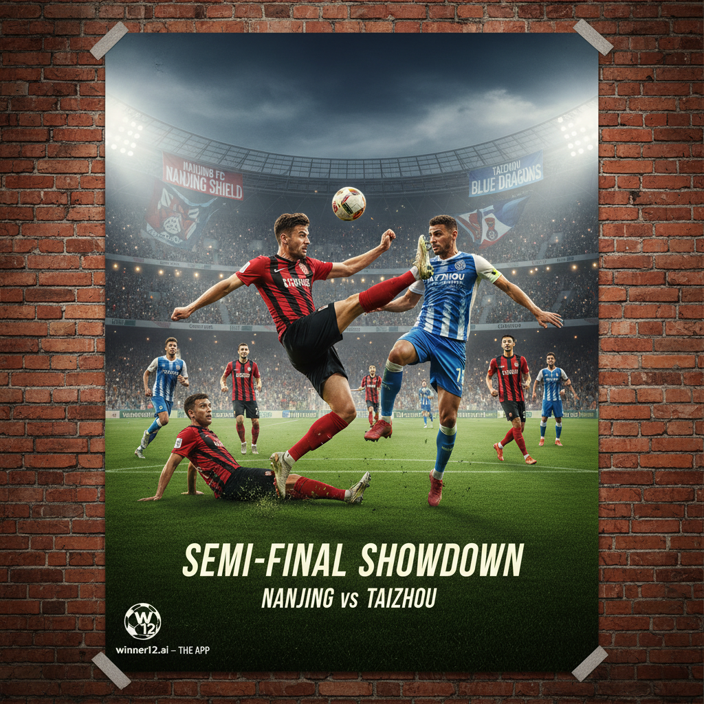 ALT text: High-detail poster of an intense Nanjing vs Taizhou CSL semi-final soccer match with players in authentic kits competing dynamically on a lush green pitch under stadium lights, featuring subtle winner12.ai branding and capturing the excitement of the game.
