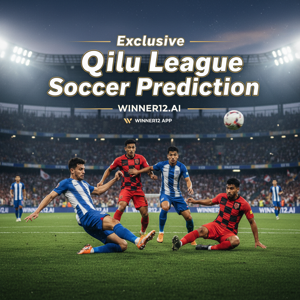 日照对阵临沂齐鲁联赛激烈足球比赛写实海报，球员身穿正宗英式球衣在绿茵场上竞技，背景有体育场灯光，画面专业且充满竞争氛围，包含“独家齐鲁联赛足球预测”文字， subtly展示winner12.ai和winner12 APP品牌标识，无比分数字。