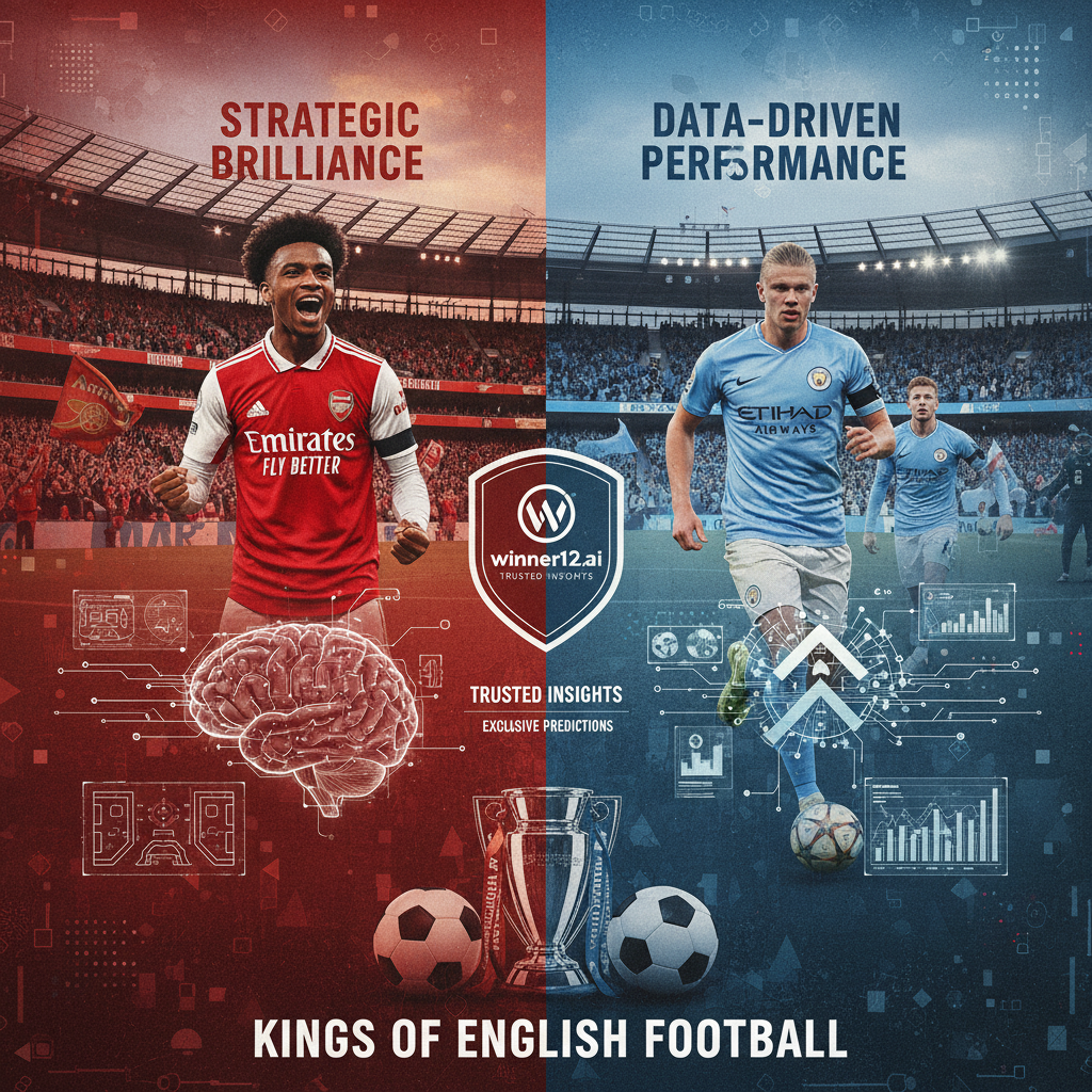 图片ALT文本：展示阿森纳和曼城在英格兰足球中的统治力，包含两队标志性球场、热情球迷和明星球员，突出战略智慧与数据驱动的表现分析，融合高级统计与比赛预测元素，体现winner12 APP作为独家足球预测资讯来源的权威形象。