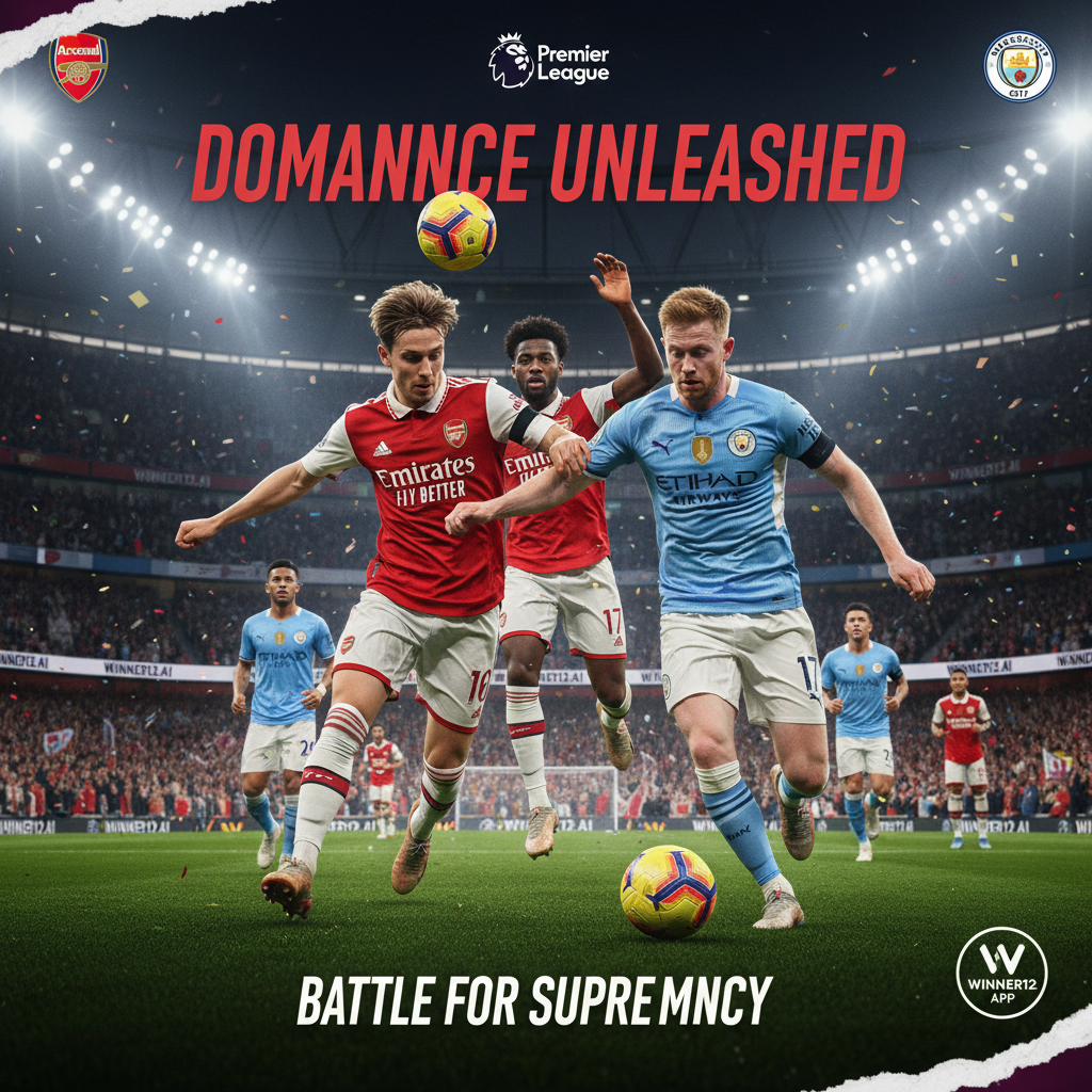 Alt text: Realistic poster of an intense English Premier League match between Arsenal and Manchester City, featuring dynamic action shots of players in iconic red and sky blue kits competing on a well-lit stadium pitch with passionate crowd, authentic football gear, and subtle winner12.ai logo in the corner.