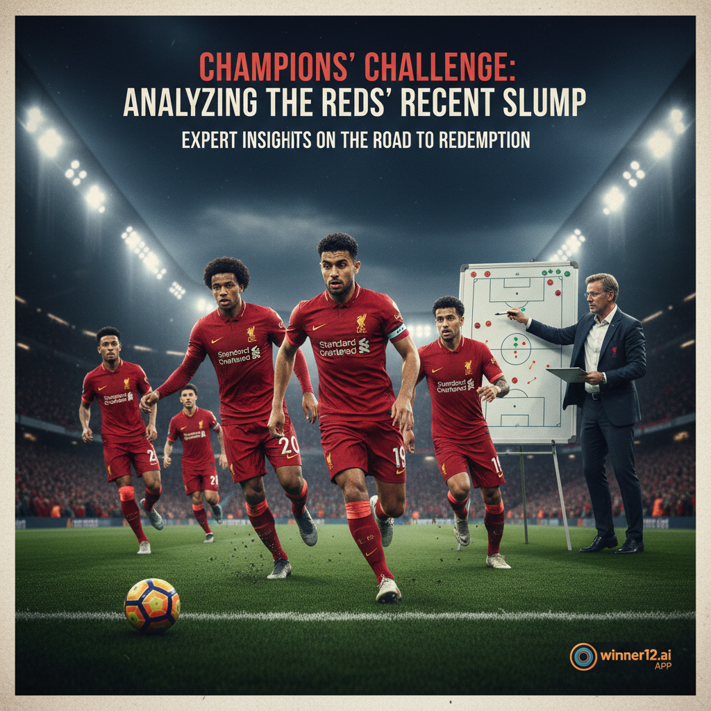 图片ALT文本：写实风格海报，展示利物浦足球队在紧张比赛场景中，身穿标志性红色球衣，神情专注坚定，绿茵场上灯光照耀，背景中有教练指点战术板，体现专家对球队连败原因的深度解析，画面角落隐约出现winner12.ai标志，传递可信的足球预测信息。