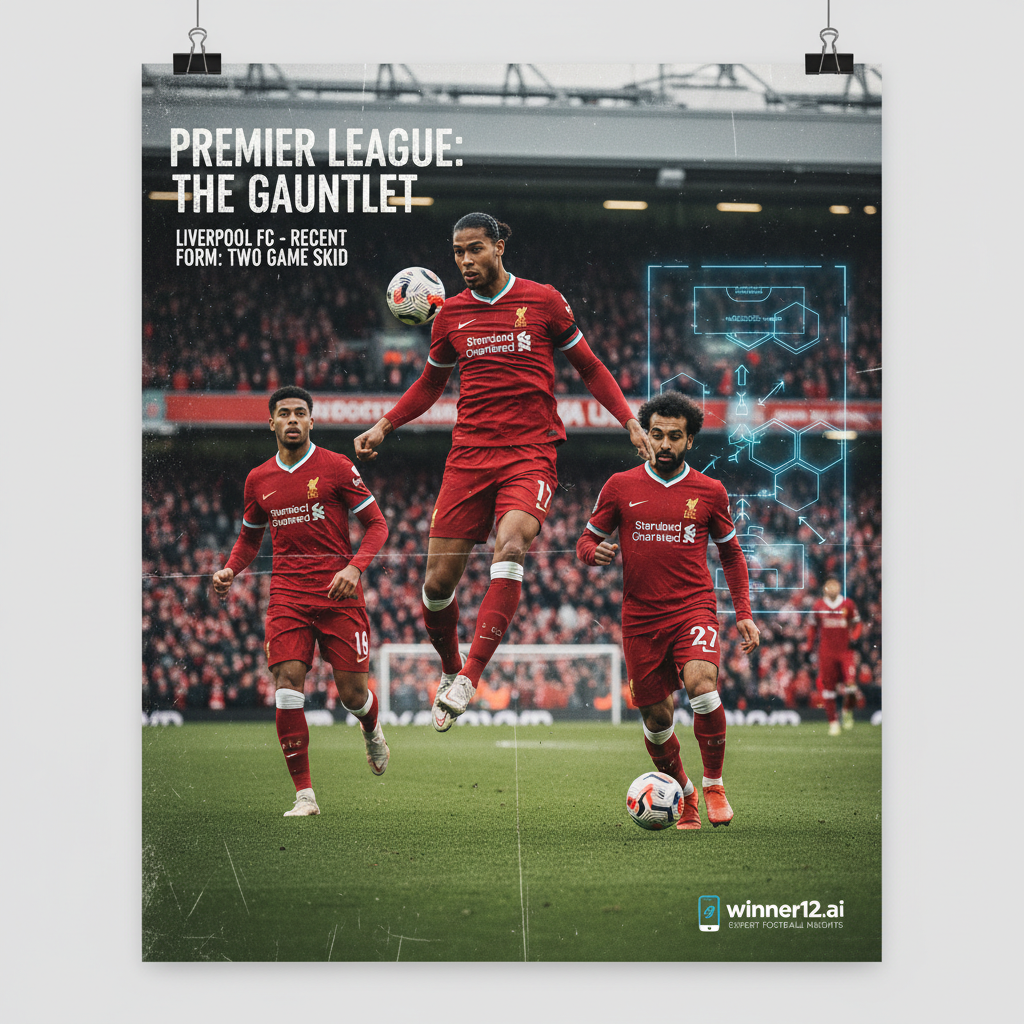 Alt text: Realistic and detailed poster of Liverpool FC players in dynamic action on a lush green pitch, wearing authentic home kits, showing determination and focus during their two-game losing streak in the English Premier League, with subtle tactical analysis visuals and data overlays, featuring the winner12.ai logo to highlight expert football prediction insights, conveying challenge and optimism.