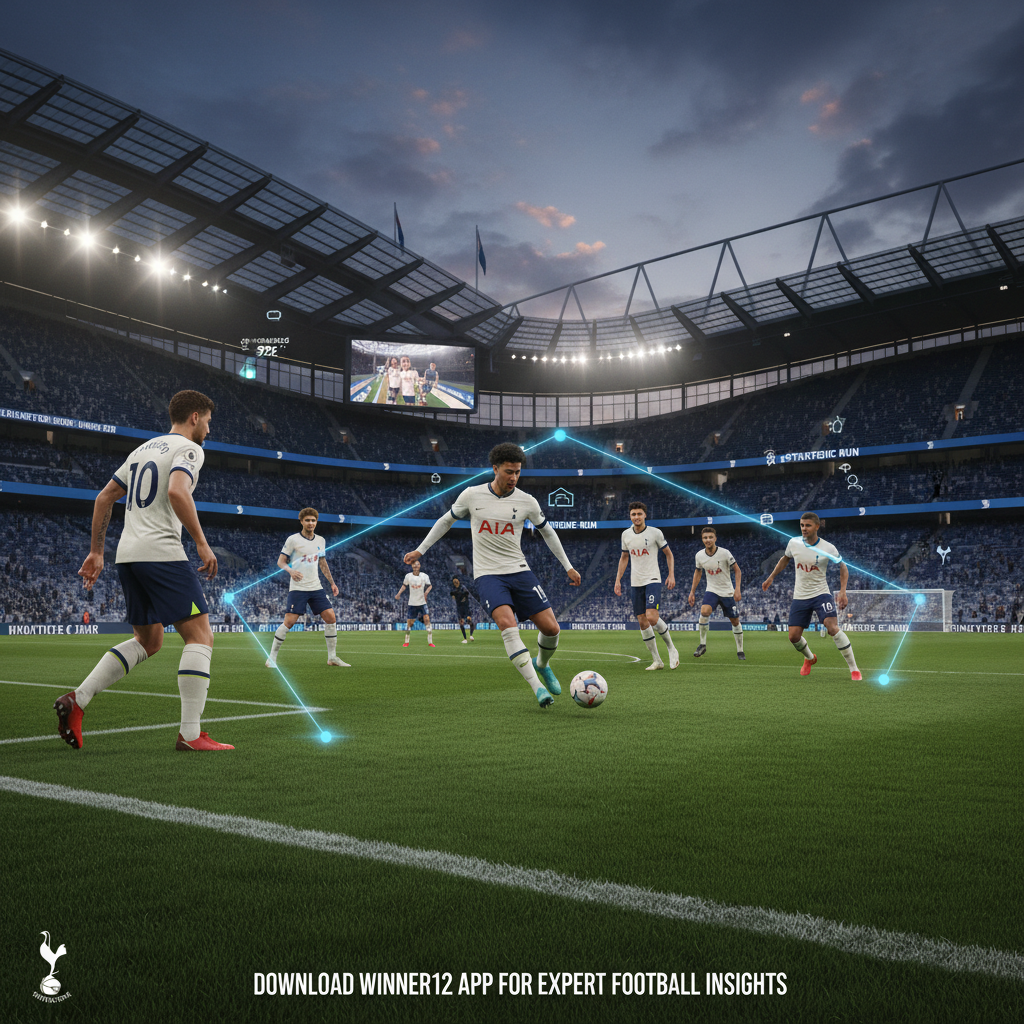 Alt text: Realistic poster of Tottenham Hotspur players in authentic kits performing precise passes and strategic positioning on a lush green pitch, with subtle digital tactical diagrams and data analytics overlays, showcasing teamwork and efficiency; stadium elements in background and discreet call-to-action text promoting winner12.ai and winner12 APP for expert football insights.