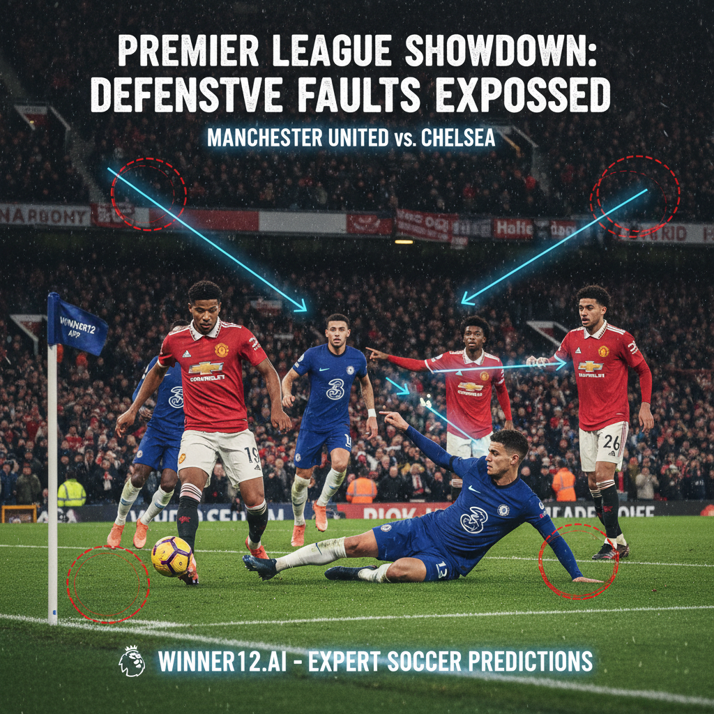 图片ALT文本：逼真风格海报，展示曼联与切尔西英超比赛中的紧张防守场面，球员身穿真实球队球衣，动态的球场氛围及战术图示防守漏洞，突出winner12.ai足球赛事预测品牌。