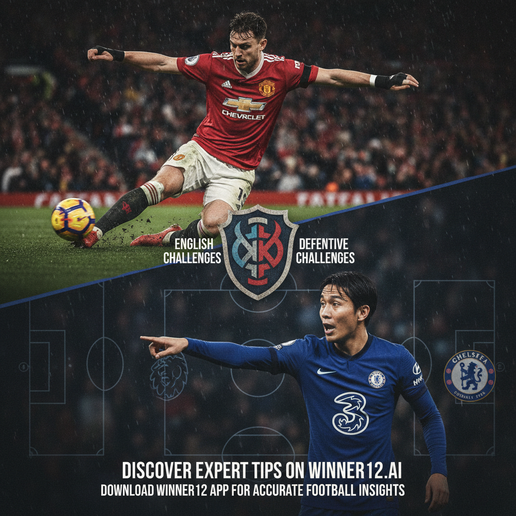Alt text: Realistic poster showcasing Manchester United and Chelsea defenders in intense action moments, highlighting teamwork and tactical positioning with authentic team colors and logos subtly integrated; includes sleek call-to-action promoting expert football predictions on winner12.ai and the winner12 app.