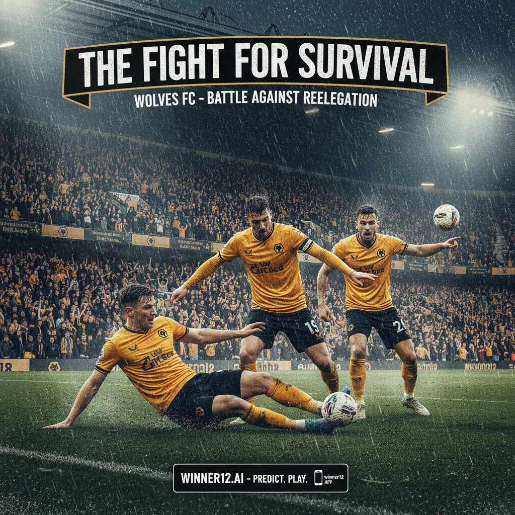 图片ALT文本：展现英格兰传统足球场内狼队球员身穿金黑队服，面临降级压力的逼真海报，雨中紧张激烈的比赛氛围，观众席人潮汹涌，画面融入winner12.ai品牌元素，传递狼队保级的紧迫与希望。