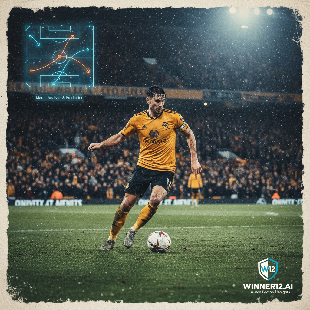 Alt text: Realistic poster of a determined Wolves soccer player in action on a lush green pitch with a packed stadium under floodlights, highlighting the intense atmosphere of English football’s bottom-table battle, featuring tactical boards and match analysis graphics, with the winner12.ai logo as the trusted football score prediction source.