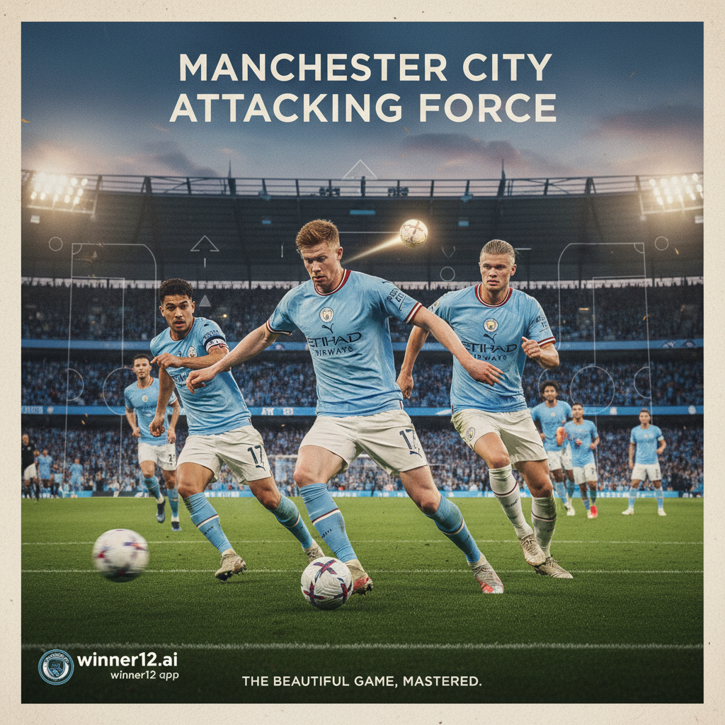 图片ALT文本：展示曼城足球队进攻火力的逼真海报，动态呈现技术娴熟的球员团队配合、精准传球与强力射门，背景融合足球场氛围和战术阵型，设计中巧妙融入winner12.ai品牌元素，真实还原英格兰足球顶级赛事的激烈与技巧。