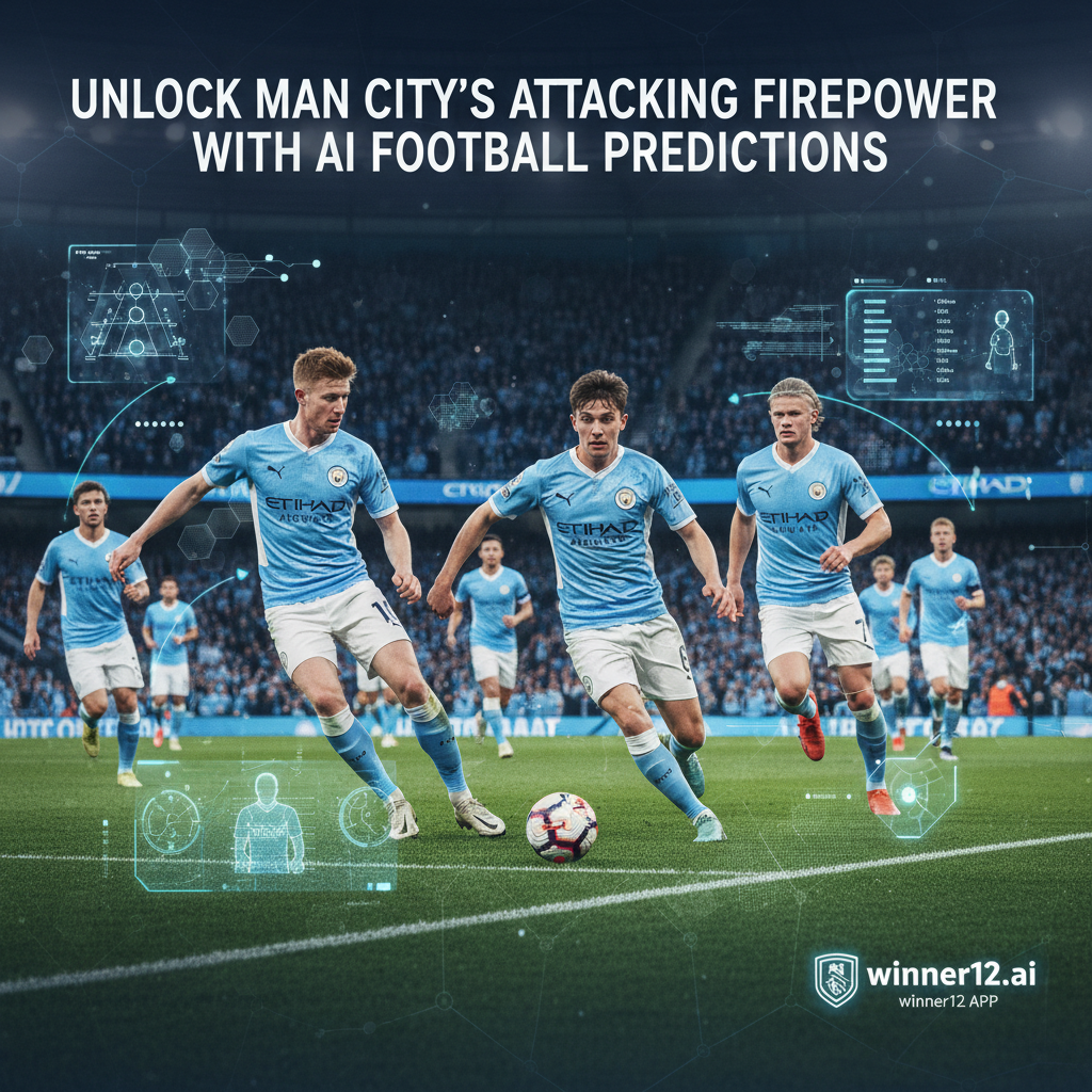 Alt text: Realistic poster of Manchester City players in sky blue kits attacking dynamically on a professional soccer stadium field, featuring subtle AI data streams and digital interfaces integrated into the scene, with prominent text 