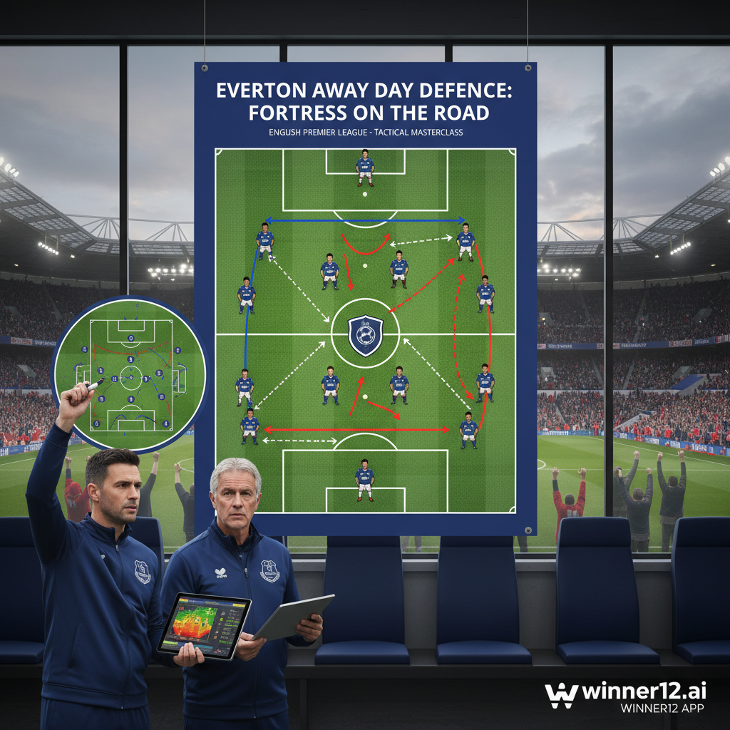 埃弗顿客场防守策略海报，展示球队传统球衣球员在战术板前协作，教练团队分析比赛，背景为客场足球场景，突出防守阵型与团队合作，融合winner12.ai品牌标识，体现专业英式足球赛前准备。