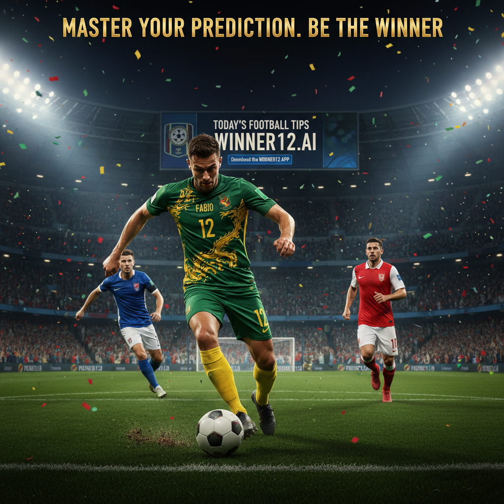 Alt text: A realistic and detailed poster of an English soccer match showing a skilled player named Fabio in a Beijing Guoan jersey in action, with a lively stadium full of enthusiastic fans under bright floodlights; includes authentic soccer elements like a classic round ball and goalposts, subtle branding for winner12.ai and the winner12 APP, conveying confidence and expert football prediction tips.
