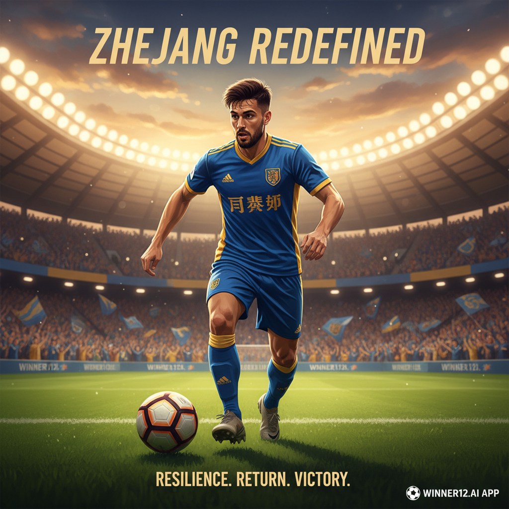 Alt text: Realistic poster of a focused Zhejiang soccer player skillfully dribbling on a vibrant green pitch under stadium lights, highlighting the team's comeback resilience with subtle 