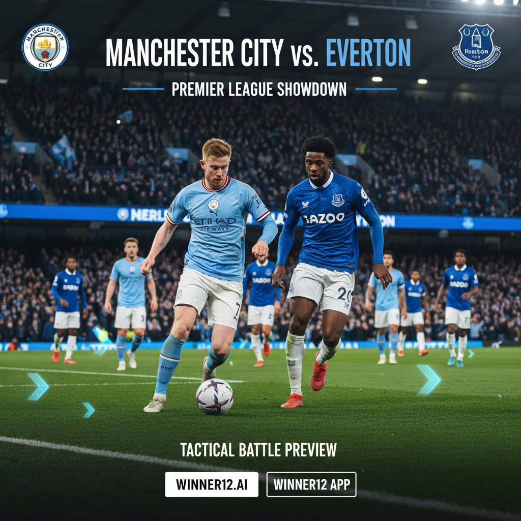 ALT text: Realistic poster of Manchester City vs Everton English Premier League match featuring players in authentic kits, vibrant stadium with passionate fans, dynamic dribbling and passing action, tactical formations subtly shown, modern design highlighting match preview and winner12.ai app link.