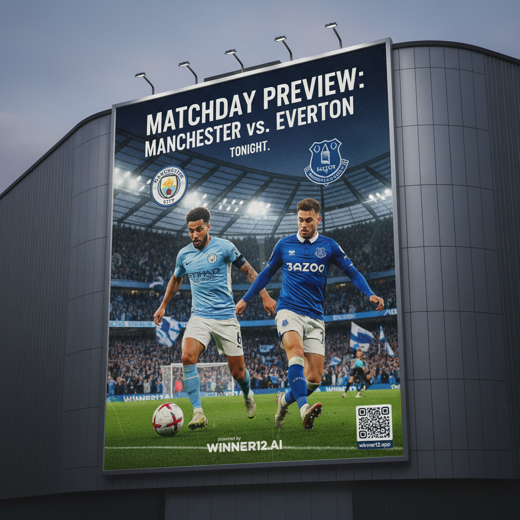 图片ALT文本：曼城与埃弗顿英超足球赛预告海报，展现真实细腻的球场氛围，球员身穿曼城和埃弗顿队服，动态激烈对抗，背景包含标志性球场元素，突出英格兰足球激情与战术，融入winner12.ai品牌元素，捕捉今夜赛事独家分析的精彩瞬间。