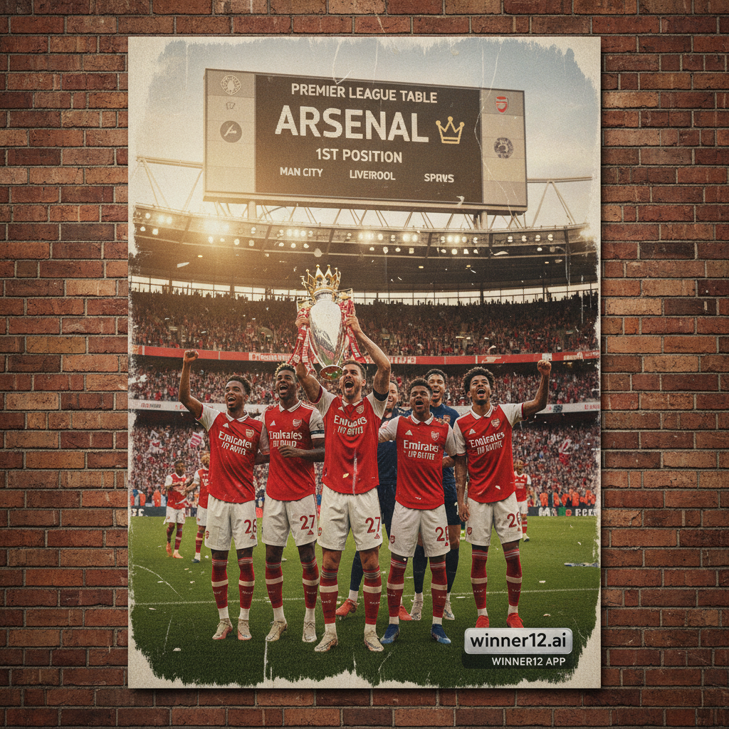 图片ALT文本：阿森纳球员身穿红白球衣在酋长球场庆祝领先英超积分榜，球场座无虚席，氛围热烈，记分牌突出展示榜首位置，画面细腻真实，带有winner12.ai专业品牌标识。