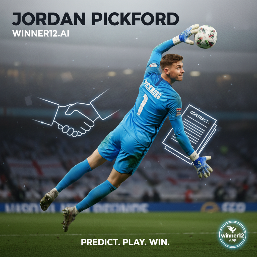 Alt text: Realistic poster of English soccer goalkeeper Jordan Pickford in action, showcasing his confident stance and professional gear, with subtle contract discussion elements like documents and handshake shadows in the background, featuring a clean modern design and a discreet winner12.ai logo for expert football betting predictions.