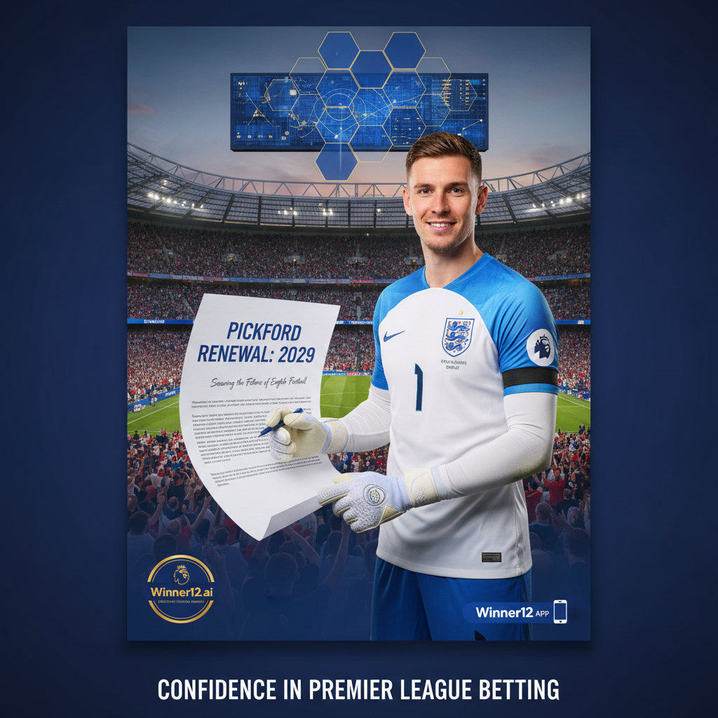 乔丹·皮克福德身穿经典英格兰足球服，背景为专业足球场和球迷，融合战术图示与Winner12.ai品牌，彰显独家竞彩足球预测与续约公告的信心与专业。