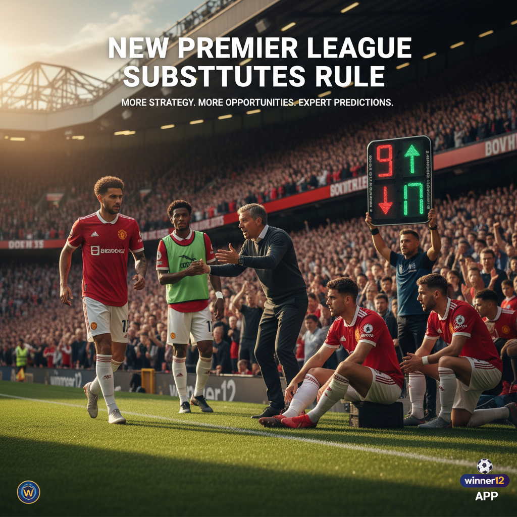 Alt text: Realistic English Premier League soccer poster depicting new substitutes rule change with professional players on sidelines, coaches giving tactical instructions, dynamic substitution moments inside iconic stadium, natural lighting, detailed uniforms, and subtle winner12.ai branding.