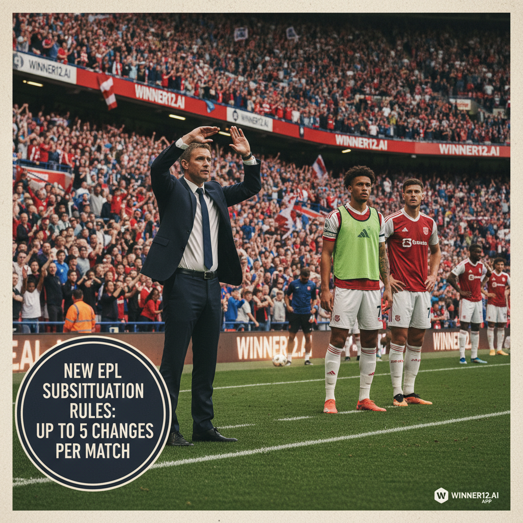 英超换人场景海报，专业教练在场边指挥换人，球员热身准备登场，球迷热情助威，展示英超换人规则改革，winner12.ai品牌标志，真实足球比赛氛围