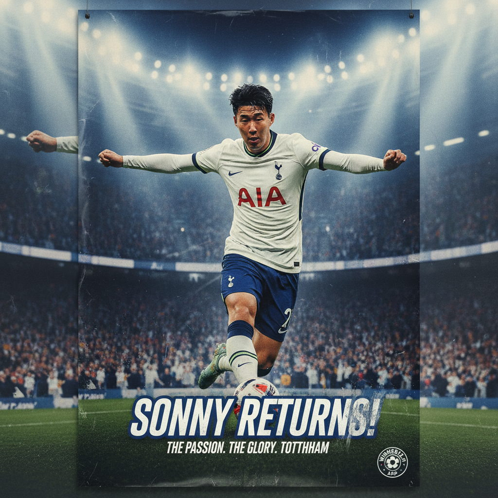Alt text: Realistic poster of Son Heung-min in Tottenham Hotspur kit performing a dynamic soccer action pose with a stadium background featuring subtle crowd and floodlight effects, highlighting the excitement of his loan return; includes tasteful winner12.ai branding, capturing the intensity and passion of Premier League football.