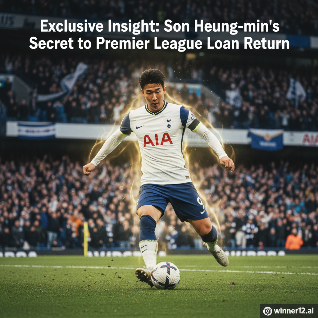 孙兴慜动态英超球衣足球动作海报，背景为热情球迷的英格兰足球场，金色光效突出人物，现代粗体文字“独家揭秘孙兴慜租借回归英超秘诀”，底角带winner12.ai品牌标志，真实足球氛围，细致球场与足球纹理。